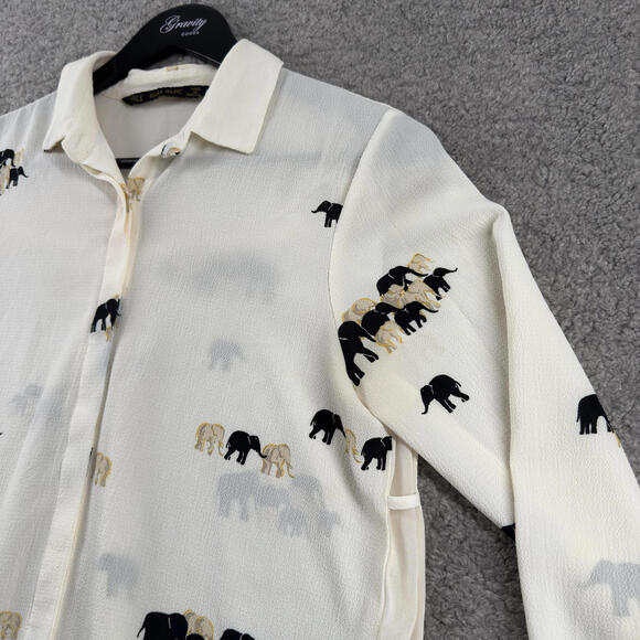 Zara Basic Womens Long Sleeve Blouse Elephant Print Sheer Button Up Shirt Medium - Picture 4 of 9
